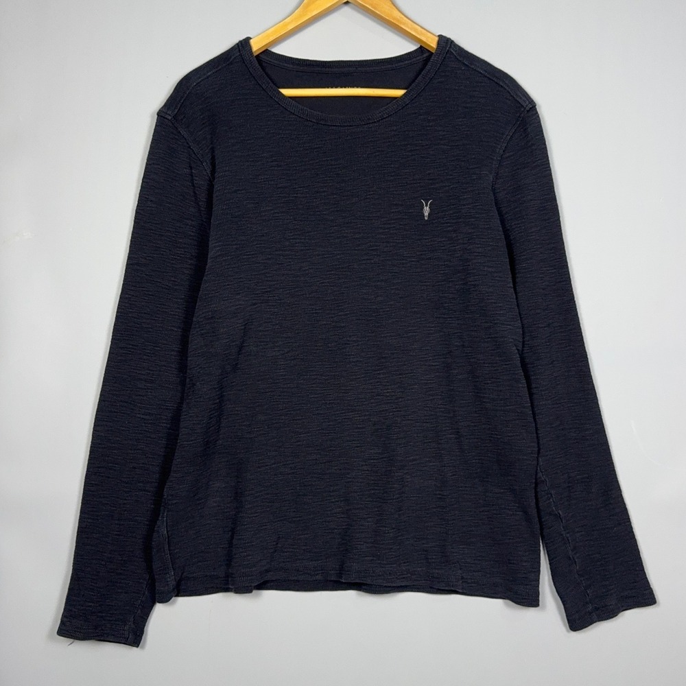 AllSaints Crew Sweatshirt Thermal Waffle Knit Long Sleeve Mens Size Medium Black
